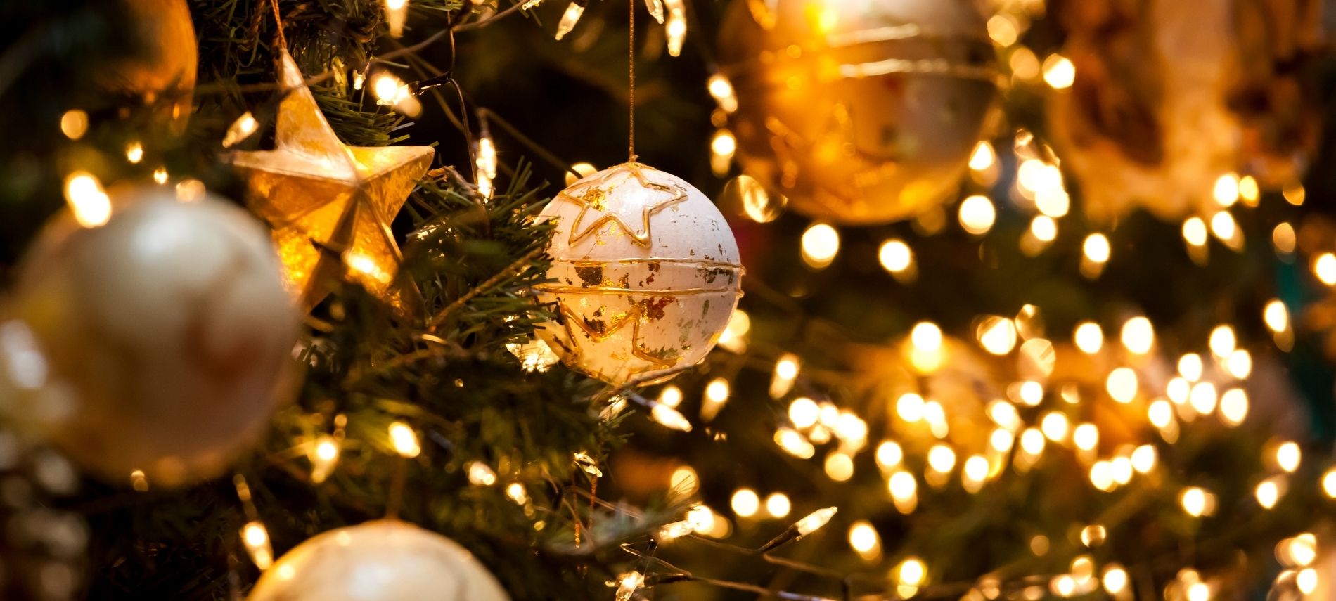 closeup of christmas tree with gold ornaments and glowing twinkling lights